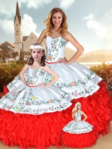 Shining Red Sleeveless Satin and Organza Lace Up Quinceanera Dresses for Military Ball and Sweet 16 and Quinceanera