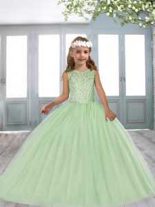 Charming Floor Length Lace Up Little Girls Pageant Dress Apple Green for Party and Wedding Party with Beading