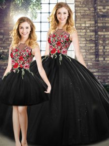 Sexy Sleeveless Tulle Floor Length Zipper Quince Ball Gowns in Black with Embroidery