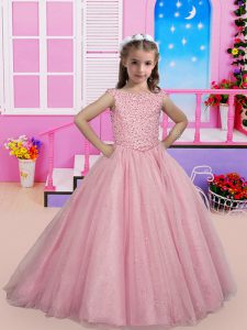 Hot Sale Pink Lace Up Little Girls Pageant Gowns Beading Sleeveless Sweep Train