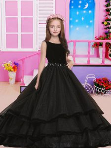 Fashionable Tulle Scoop Sleeveless Sweep Train Lace Up Beading Girls Pageant Dresses in Black