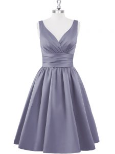 A-line Prom Gown Grey V-neck Satin Sleeveless Knee Length Zipper