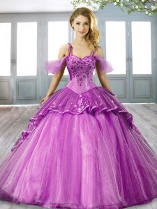 Purple Spaghetti Straps Lace Up Beading and Appliques Quinceanera Dresses Sweep Train Sleeveless