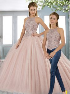 Pretty Pink Sleeveless Sweep Train Beading Ball Gown Prom Dress