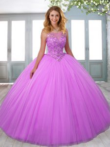 Custom Made Sleeveless Tulle Floor Length Zipper Quinceanera Dresses in Lilac with Beading