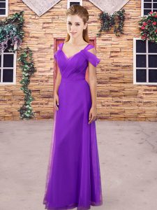 Sophisticated Floor Length Lace Up Bridesmaid Gown Purple for Prom and Party and Wedding Party with Ruching