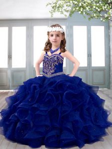 Royal Blue Straps Neckline Beading and Ruffles Little Girls Pageant Dress Sleeveless Lace Up