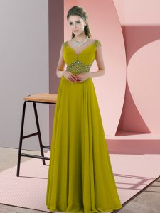 Customized Floor Length Empire Cap Sleeves Olive Green Prom Party Dress Backless