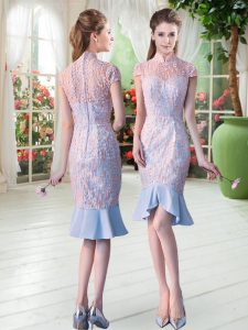 High-neck Short Sleeves Dress for Prom Knee Length Lace Pink Satin