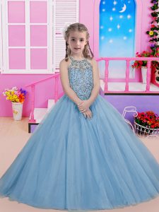 Tulle Halter Top Sleeveless Lace Up Beading Little Girls Pageant Dress in Blue