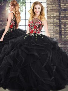 Fabulous Black Ball Gowns Embroidery and Ruffles 15 Quinceanera Dress Zipper Sleeveless