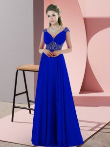 Edgy V-neck Sleeveless Sweep Train Backless Prom Evening Gown Blue Satin