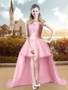 Pink A-line Beading and Appliques Prom Dresses Lace Up Tulle Cap Sleeves High Low