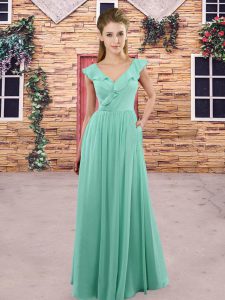 Captivating Apple Green Chiffon Zipper Bridesmaid Dress Sleeveless Floor Length Ruching