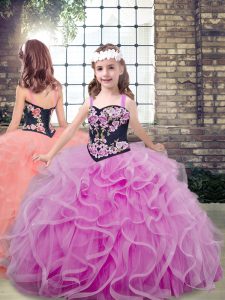 Trendy Lilac Tulle Lace Up Straps Sleeveless Floor Length Pageant Dress for Teens Embroidery and Ruffles
