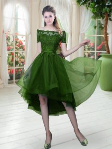 Fancy Green A-line Off The Shoulder Short Sleeves Tulle High Low Lace Up Lace Prom Gown