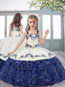 Discount Straps Sleeveless Kids Pageant Dress Floor Length Beading and Embroidery and Ruffles Blue And White Organza