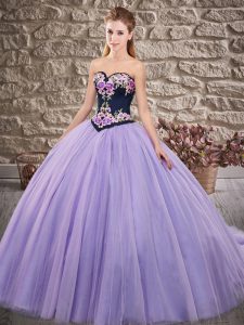 Lavender Tulle Lace Up Quinceanera Dresses Sleeveless Sweep Train Embroidery