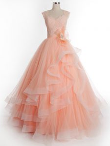 Affordable Floor Length Peach Sweet 16 Dresses Straps Sleeveless Lace Up