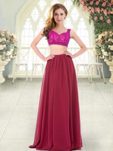 Two Pieces Prom Party Dress Wine Red Straps Chiffon Sleeveless Floor Length Zipper