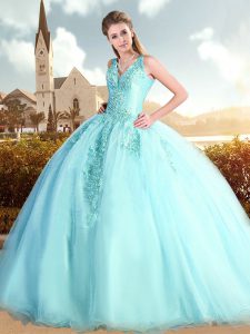 Glorious Lace Up Quinceanera Dresses Aqua Blue for Military Ball and Sweet 16 and Quinceanera with Beading and Lace Swee