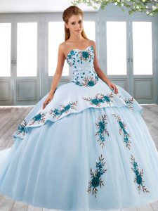 Baby Blue Sleeveless Sweep Train Beading and Embroidery Vestidos de Quinceanera
