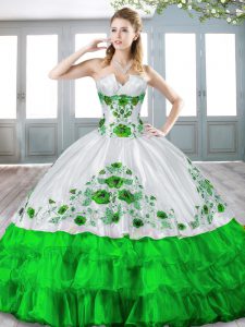 Unique Green Organza Lace Up Sweetheart Sleeveless Floor Length Sweet 16 Dresses Beading and Embroidery and Ruffled Laye