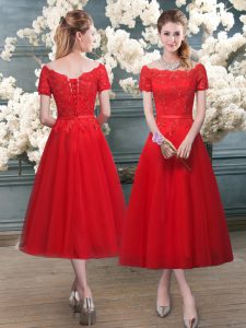 Elegant Red Short Sleeves Tulle Lace Up Homecoming Dress for Prom and Party