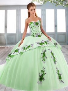 Sleeveless Sweep Train Lace Up Beading and Embroidery Quinceanera Gown