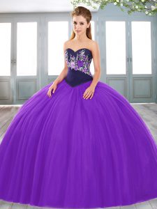 Sweetheart Sleeveless Quince Ball Gowns Floor Length Embroidery Purple Tulle