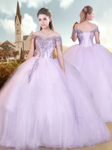 Lavender Tulle Lace Up Quince Ball Gowns Cap Sleeves Floor Length Beading and Appliques
