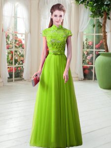 Hot Sale Appliques Dress for Prom Lace Up Cap Sleeves Floor Length