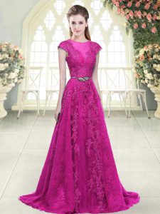 Fuchsia Scoop Zipper Lace and Appliques Homecoming Dress Sweep Train Cap Sleeves
