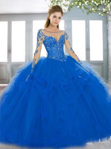Long Sleeves Tulle Brush Train Lace Up Sweet 16 Dress in Royal Blue with Beading and Ruffles