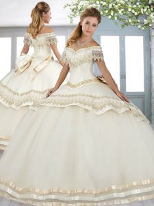 Ball Gowns Quinceanera Dress White Off The Shoulder Tulle Short Sleeves Floor Length Lace Up