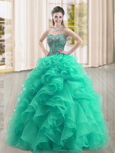 Top Selling Turquoise Ball Gowns Beading and Ruffles Ball Gown Prom Dress Lace Up Organza Sleeveless Floor Length