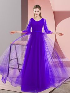 Nice Floor Length A-line Long Sleeves Purple Prom Gown Zipper