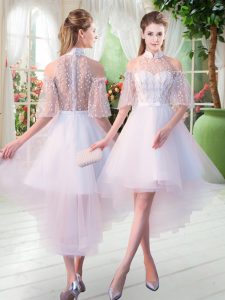 Classical A-line White High-neck Tulle Half Sleeves High Low Zipper
