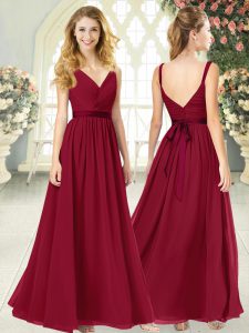 Cute Wine Red Empire Chiffon V-neck Sleeveless Ruching Floor Length Backless Prom Gown