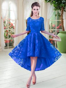 High Low Blue Prom Party Dress Scoop Half Sleeves Zipper