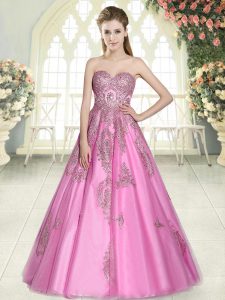 Floor Length Rose Pink Prom Gown Tulle Sleeveless Appliques