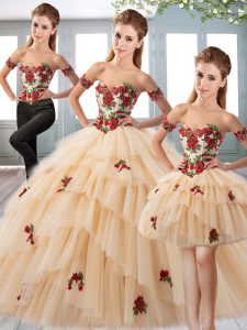 Gorgeous Tulle Sweetheart Sleeveless Sweep Train Lace Up Appliques and Ruffled Layers Sweet 16 Dress in Champagne