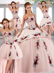 Sleeveless Sweep Train Beading and Embroidery Lace Up Quince Ball Gowns