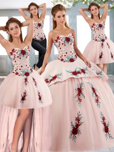 Luxury Baby Pink Lace Up Quince Ball Gowns Beading and Embroidery Sleeveless Sweep Train
