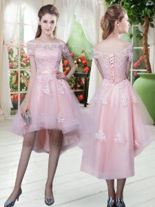 Baby Pink Lace Up Lace and Appliques Half Sleeves High Low
