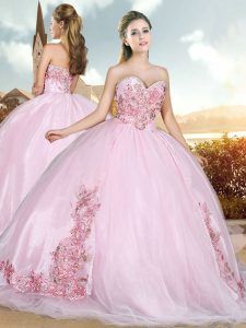Baby Pink Ball Gown Prom Dress Sweetheart Sleeveless Sweep Train Lace Up