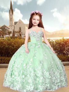 Cheap Green Tulle Lace Up Little Girls Pageant Dress Sleeveless Floor Length Hand Made Flower
