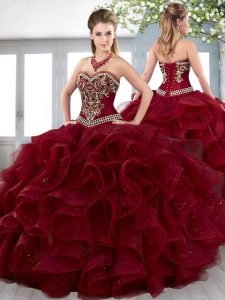 Latest Burgundy Sleeveless Beading and Embroidery and Ruffles Floor Length Quinceanera Dresses