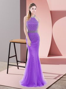 Mermaid Sleeveless Purple Dress for Prom Sweep Train Backless