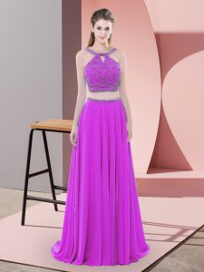 Excellent Straps Sleeveless Sweep Train Backless Dress for Prom Purple Chiffon